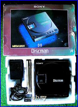 1989 Sony D-9 Discman Mega Bass Vintage CD Compact Disc Player & Box Powers On