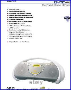 Sony ATRAC Psyc ZS-YN7PS CD PLAYER AM/FM Radio PORTABLE Boombox wireless remote
