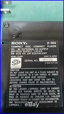 Sony Discman D-303 CD Compact Disc Player Mega Bass Vintage Original Japan! PK