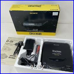 Sony Discman D-33 Portable CD Disc Player AC Adapter Box Headphones Manual MINT