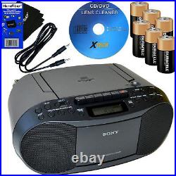 Sony Portable CD Radio Cassette Player Boombox +6 Batteries + Cleaner +Aux Cable
