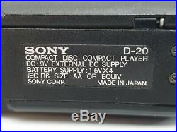 VINTAGE SONY DISCMAN PERSONAL PORTABLE CD PLAYER D-20 + POWER SUPPLY TESTED t2