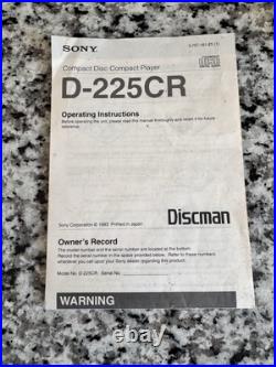 Vintage 1993 Sony D-225CR Discman CD Compact Player With Box Tested & Works